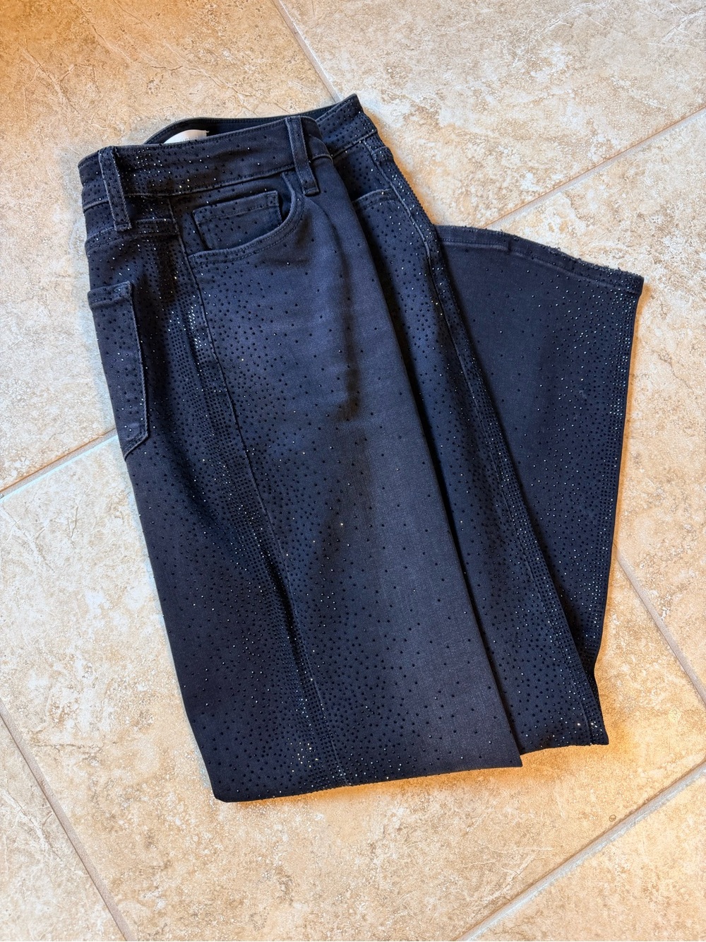 Women's Black Straight-Leg Jeans with Subtle Black Rhinestone Detailing